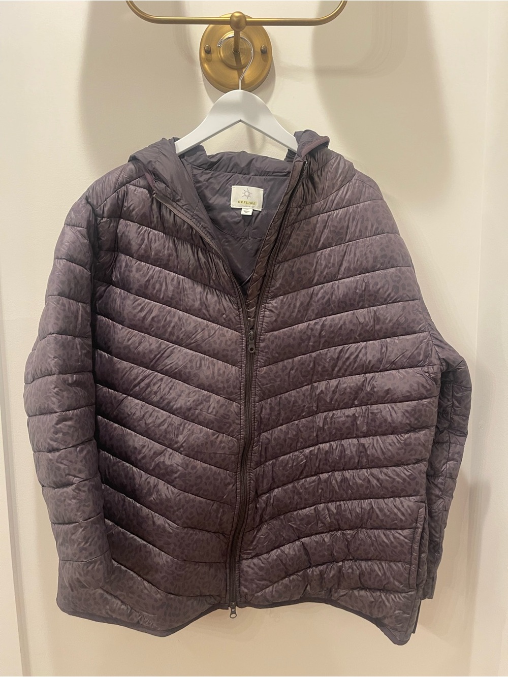 NEW Aerie Offline Quilted Hooded Puffer Jacket - Slate Purple/Leopard